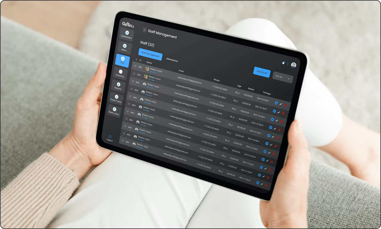 Tablet screen showing GoSELL's 'Staff Management' section with employee details.