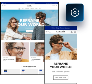 GoSELL Ecommerce online store interface for an eyewear brand, displayed on desktop and mobile.