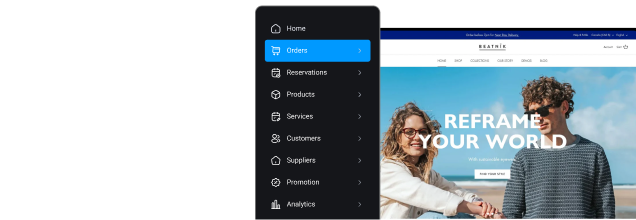 GoSELL Ecommerce admin menu highlighting Orders, with sections for store management and reports.
