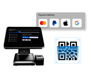 GoSELL POS screen displaying Mastercard, PayPal, mobile payment options, and QR code.