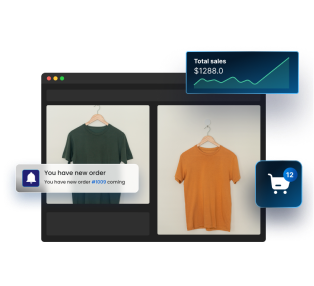GoSELL Ecommerce platform interface displaying products, sales report, order alert, and cart status.