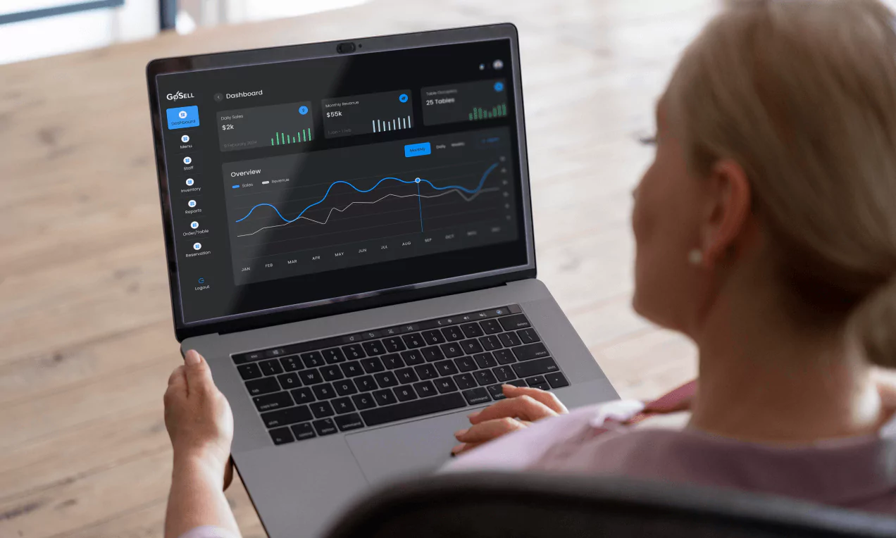 A person viewing the GoSELL business analytics dashboard on a laptop.