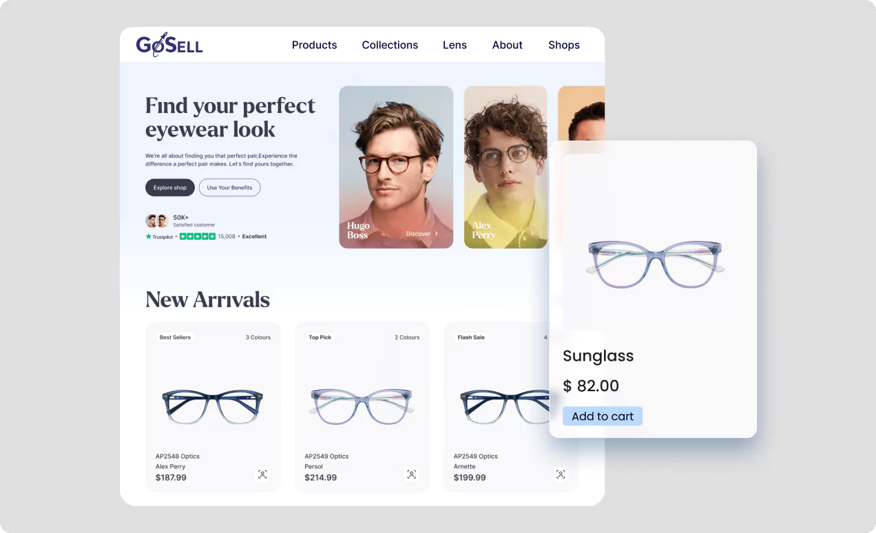 GoSELL eyewear website showcase displaying homepage and mobile product views.