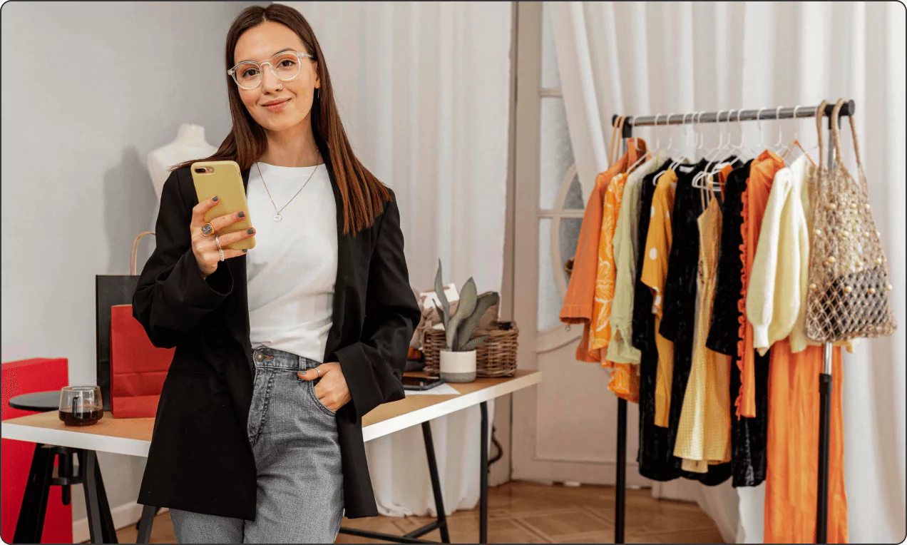 Person holding a mobile phone in a fashion retail store.