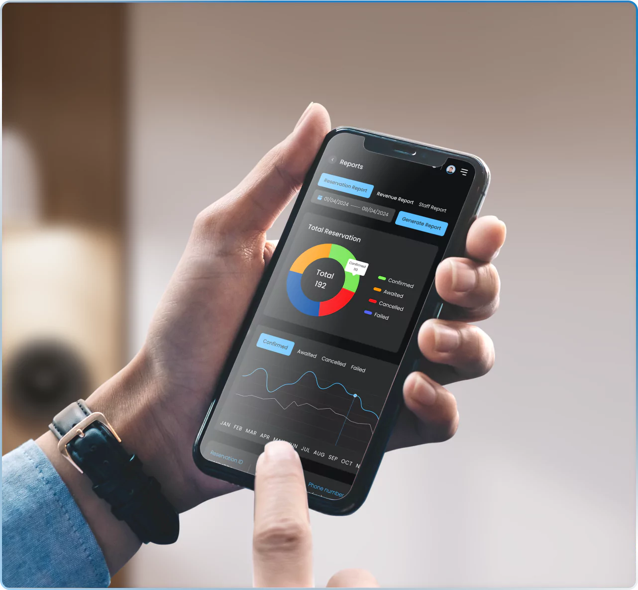 Viewing point of sale reports like reservations and revenue on a mobile app dashboard interface.