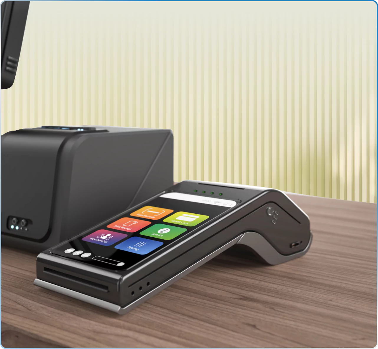 A mobile point of sale device with app display, used for processing transactions at checkout