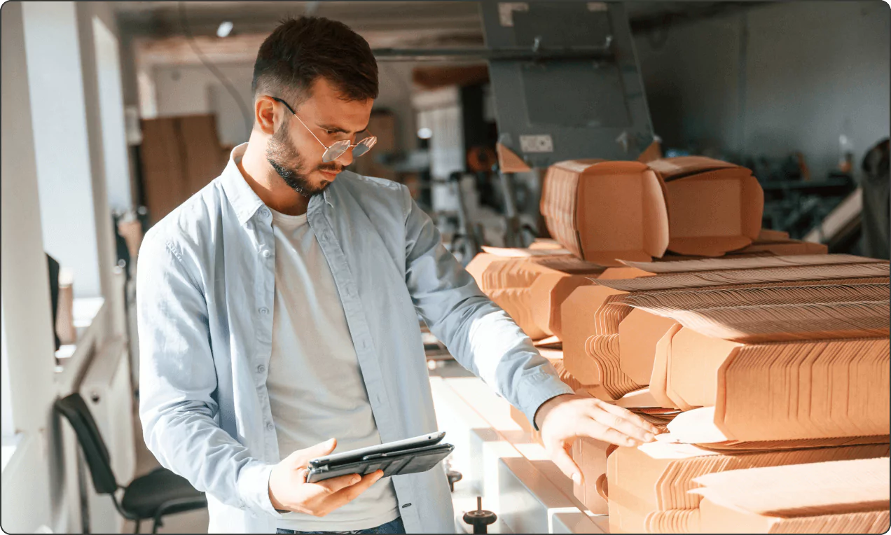 A man using a tablet for essential product management tasks in a warehouse.