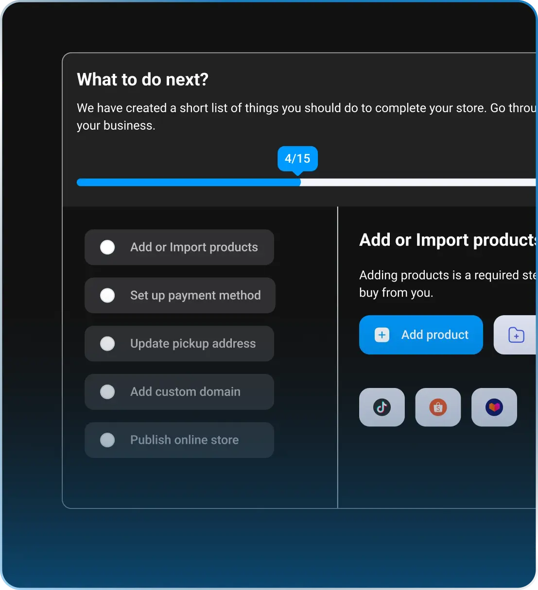 GoSELL dashboard with 6 getting started steps for new users creating website & managing online stores.