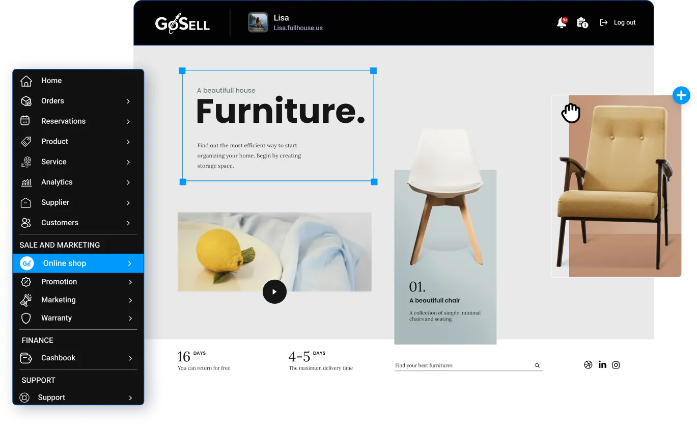 Overview of the interface of GoSELL, an easy-to-use online store builder.